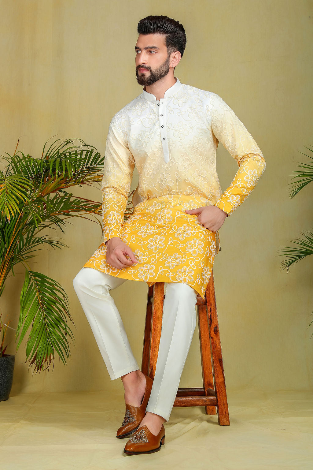 Cream & Yellow Ombre Kurta - The Absolute House Of Design