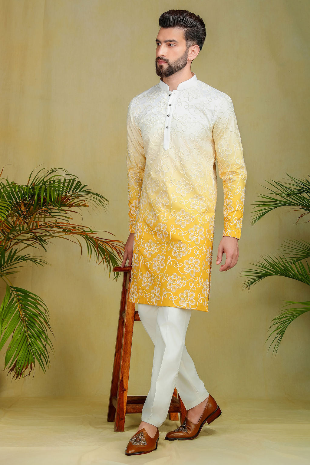 Cream & Yellow Ombre Kurta - The Absolute House Of Design