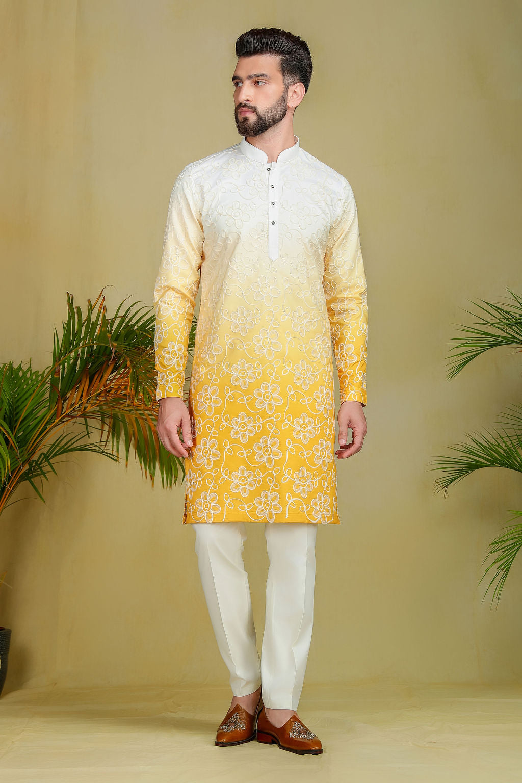 Cream & Yellow Ombre Kurta - The Absolute House Of Design
