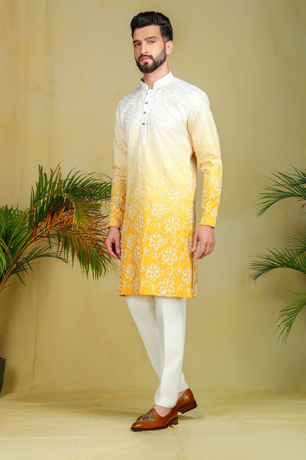 Cream & Yellow Ombre Kurta - The Absolute House Of Design