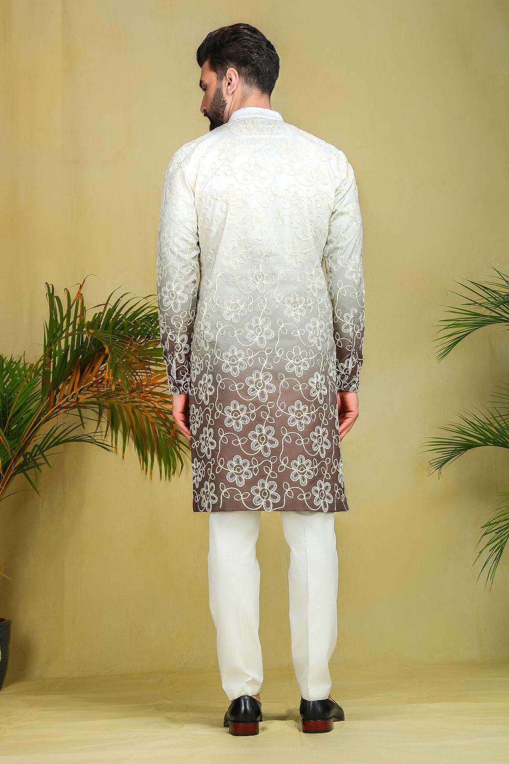 Olive Green Ombre Threadwork Kurta - The Absolute House Of Design