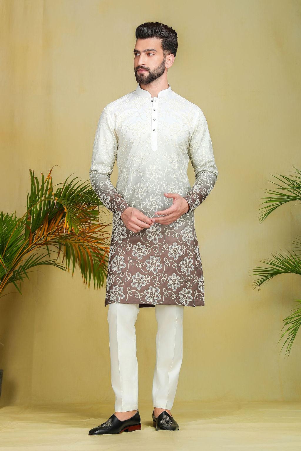 Olive Green Ombre Threadwork Kurta - The Absolute House Of Design