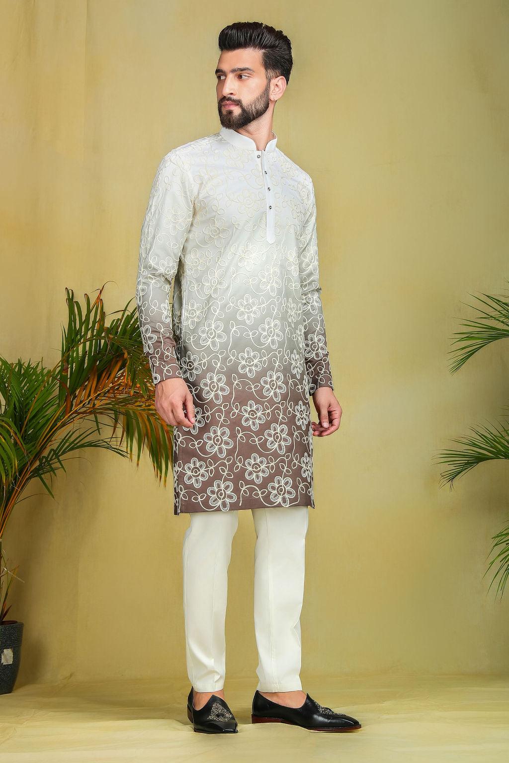 Olive Green Ombre Threadwork Kurta - The Absolute House Of Design