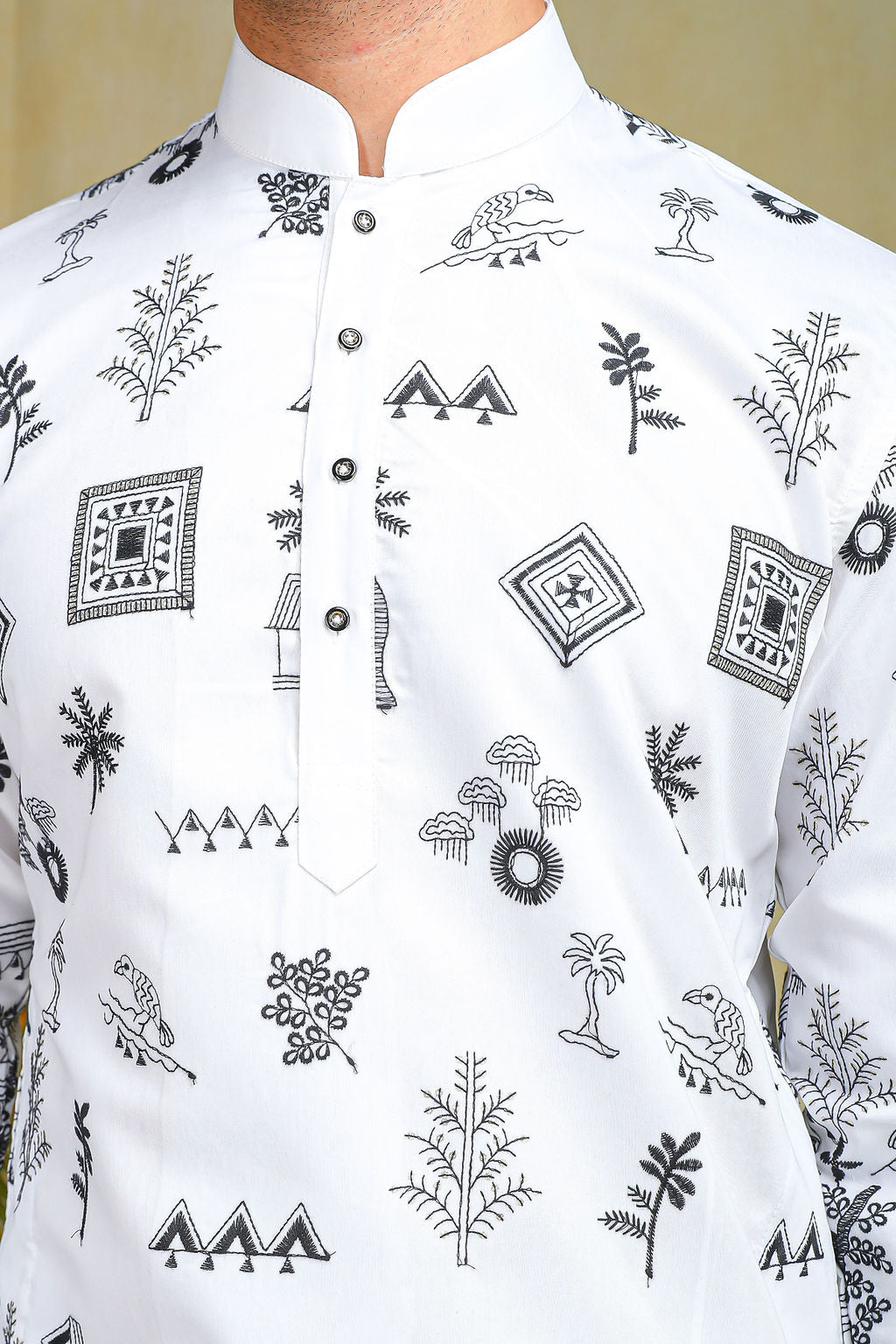 White & Black Motif Embroidery Kurta - The Absolute House Of Design