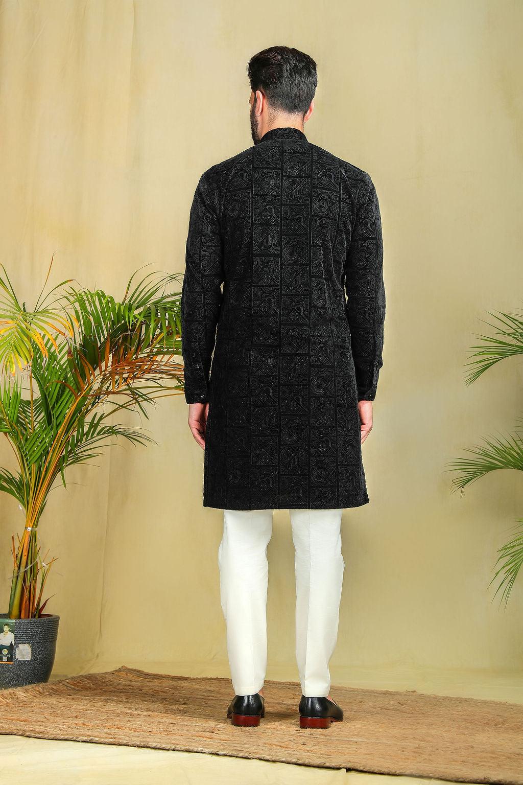 Jet Black Velvet embroidery Kurta Set - The Absolute House Of Design