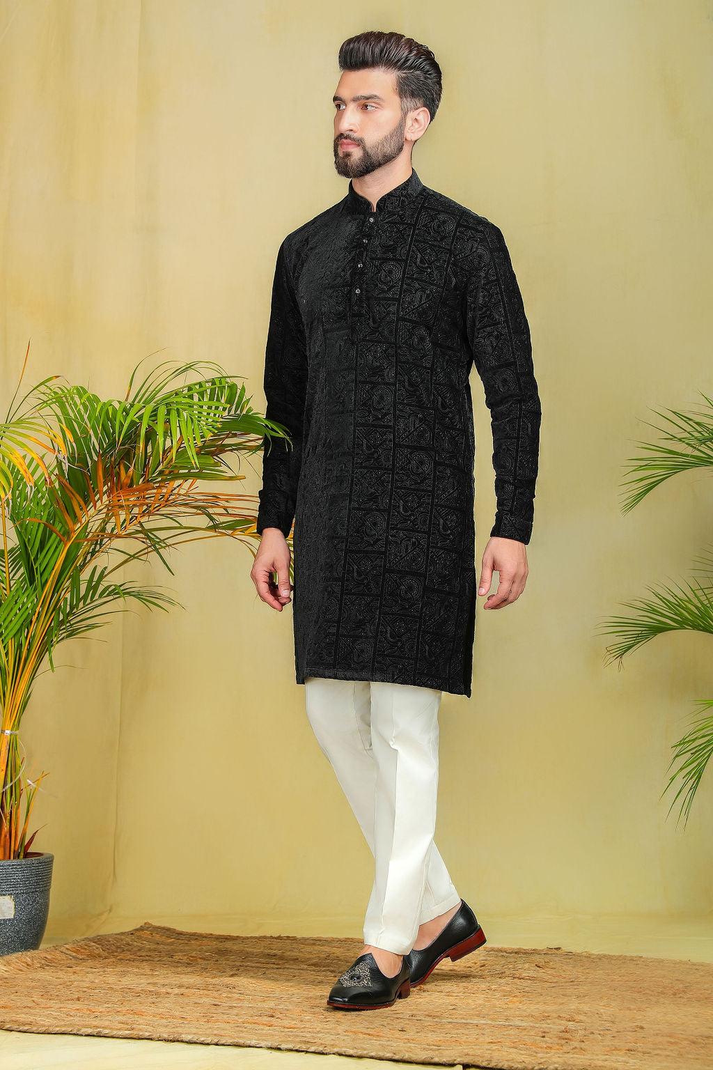 Jet Black Velvet embroidery Kurta Set - The Absolute House Of Design