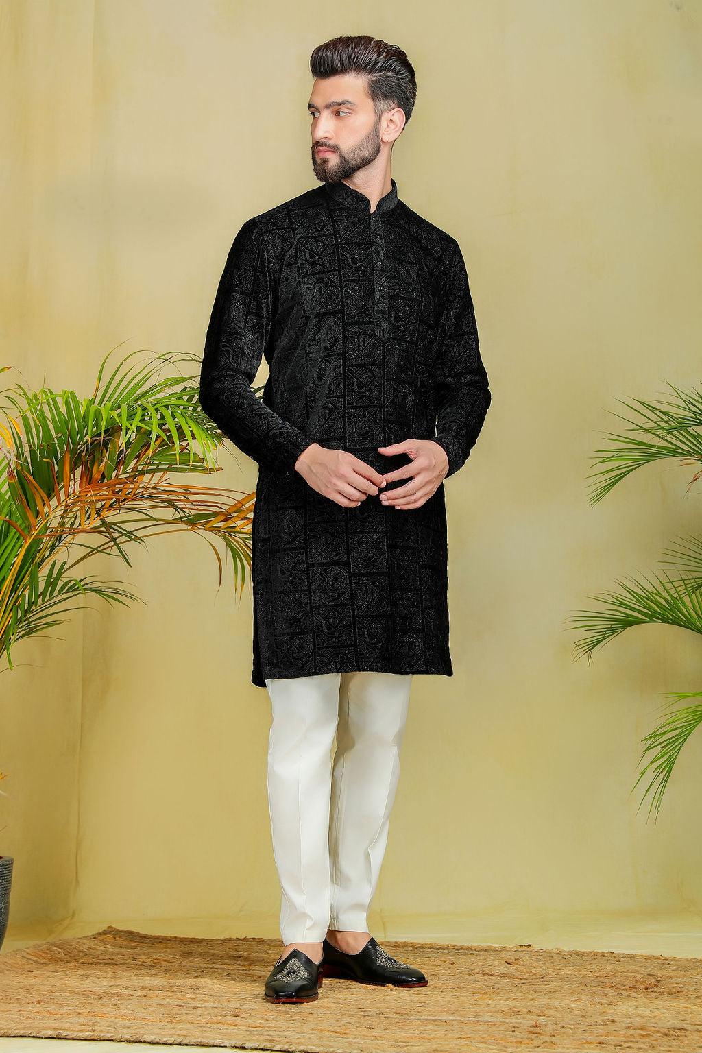 Jet Black Velvet embroidery Kurta Set - The Absolute House Of Design