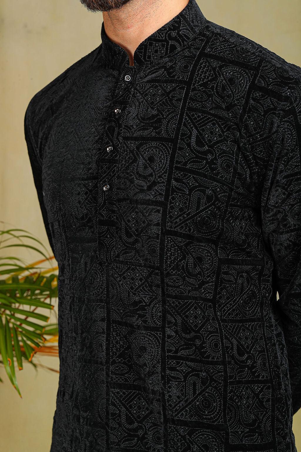 Jet Black Velvet embroidery Kurta Set - The Absolute House Of Design