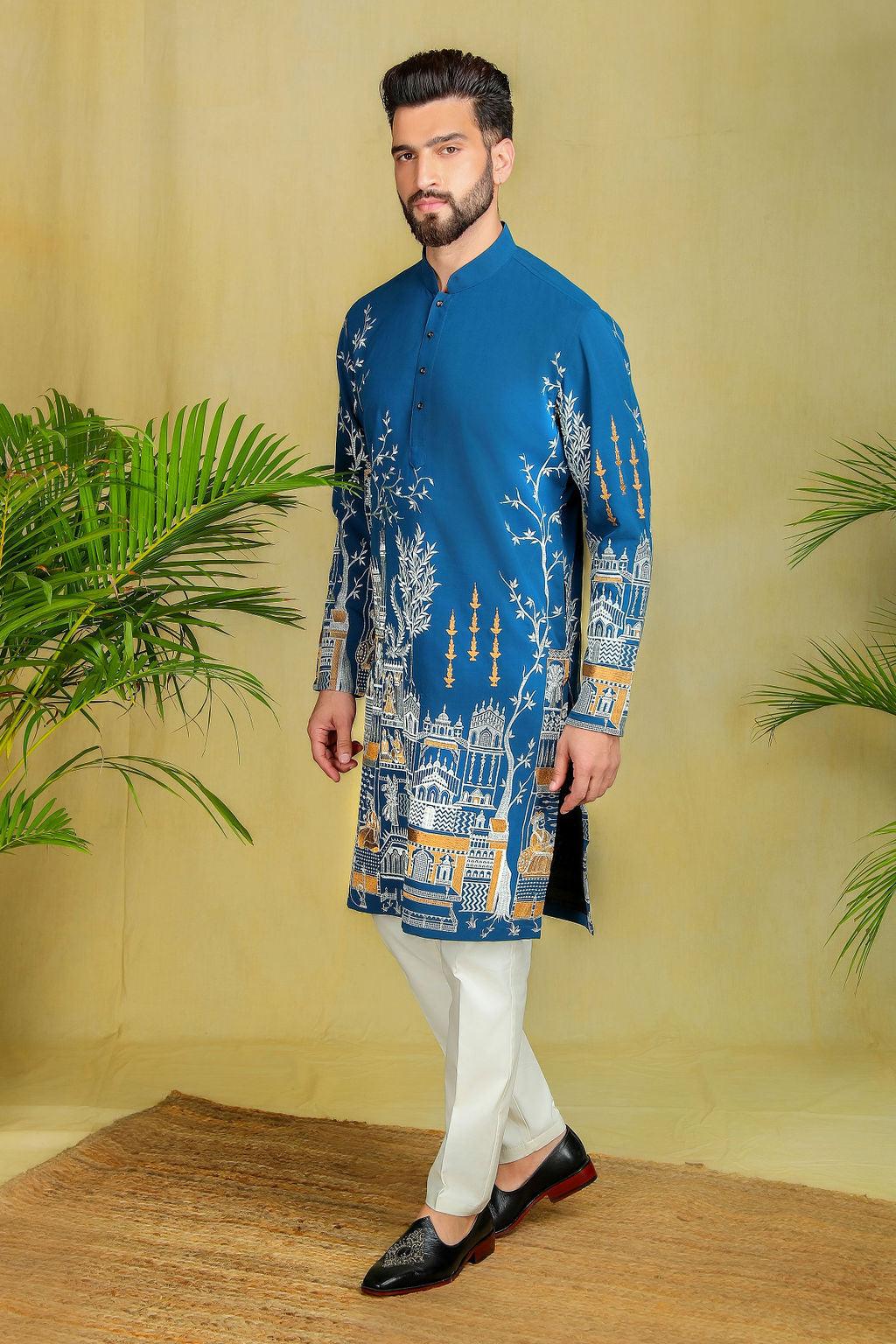 Peacock blue Threadwork kurta set - The Absolute House Of Design