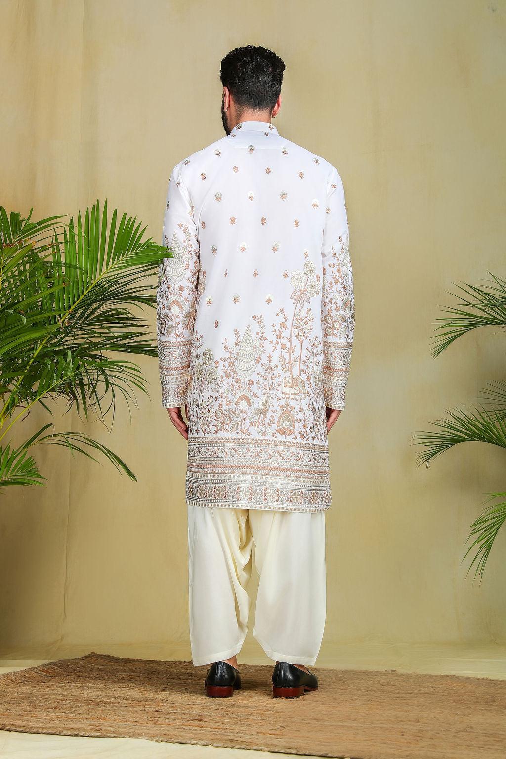 White and Gold Threadwork Pathani Set - The Absolute House Of Design