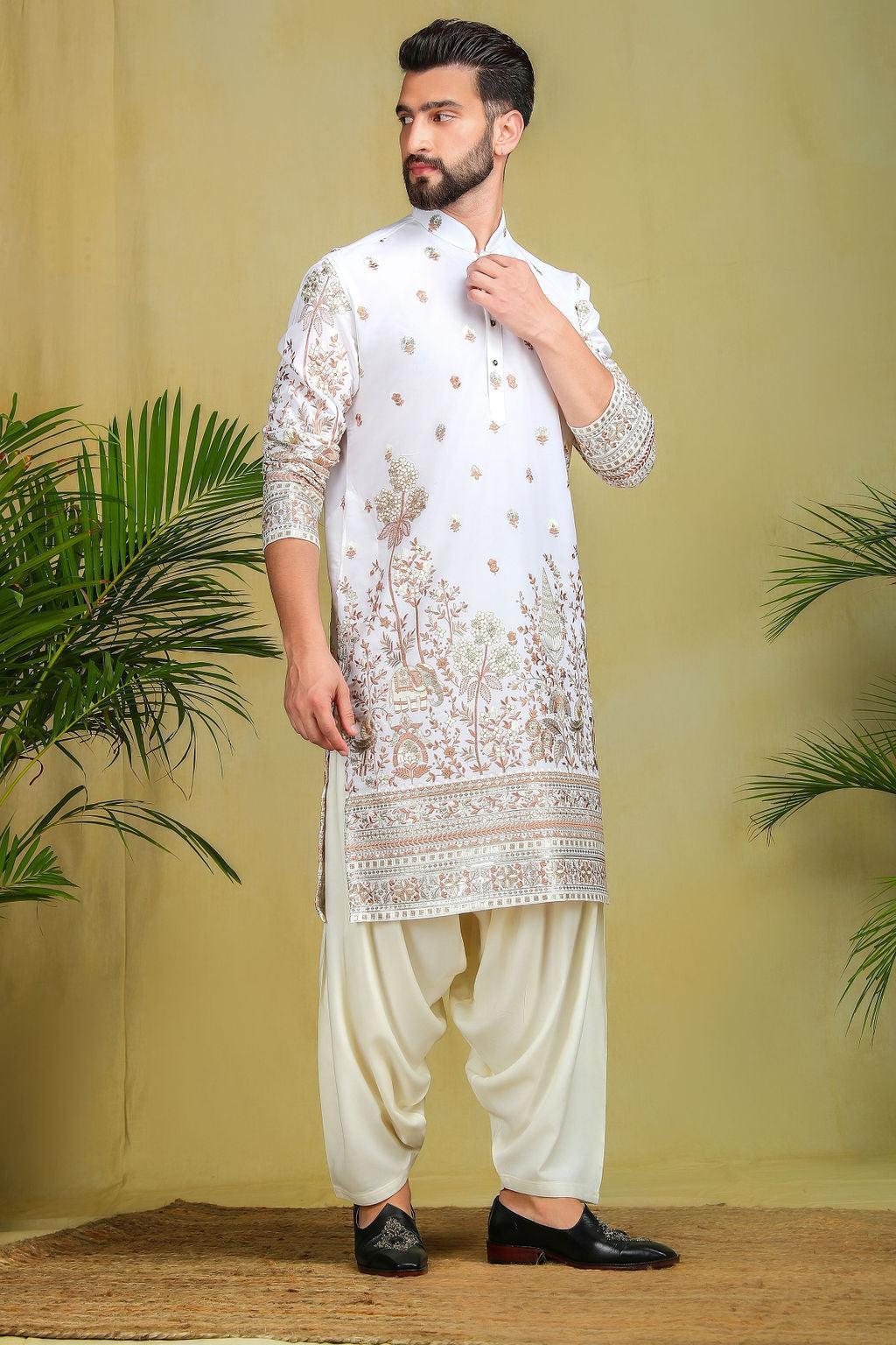 White and Gold Threadwork Pathani Set - The Absolute House Of Design