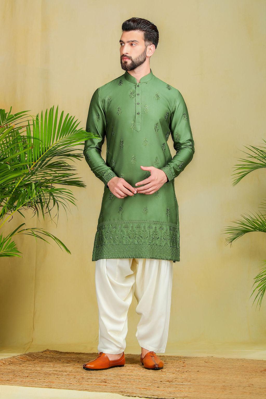 Olive green Pathani Set - The Absolute House Of Design