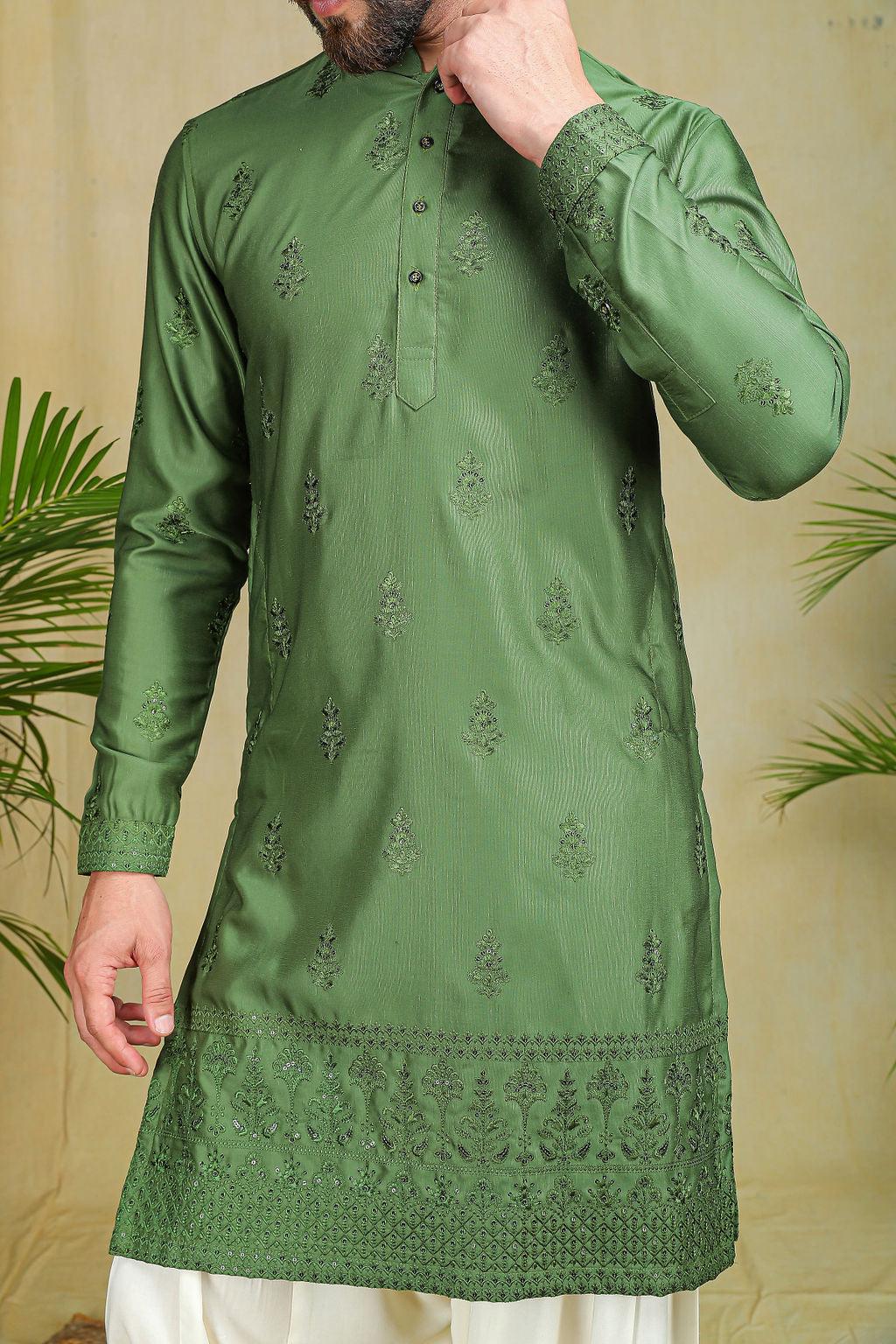Olive green Pathani Set - The Absolute House Of Design