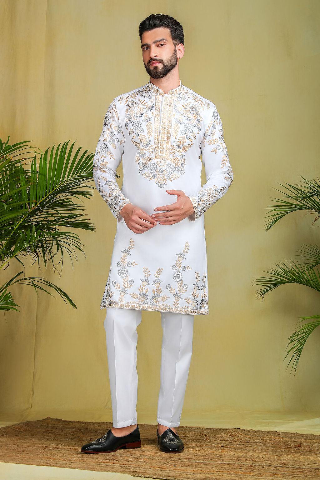 White & Gold Threadwork kurta set - The Absolute House Of Design