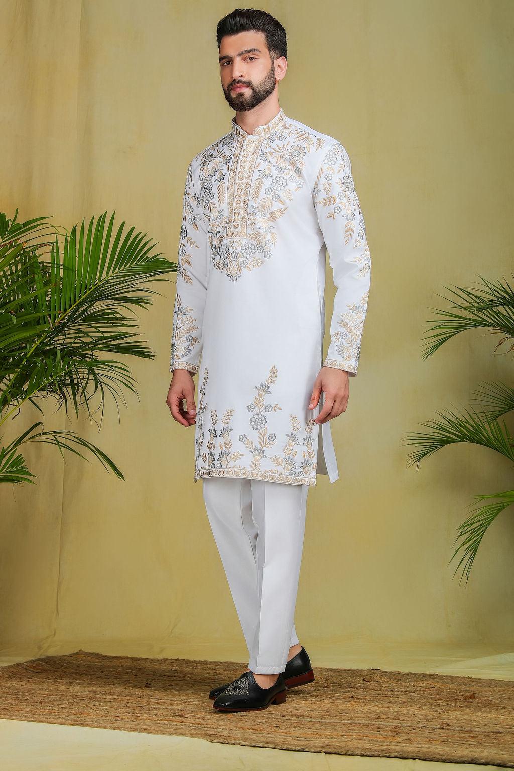 White & Gold Threadwork kurta set - The Absolute House Of Design