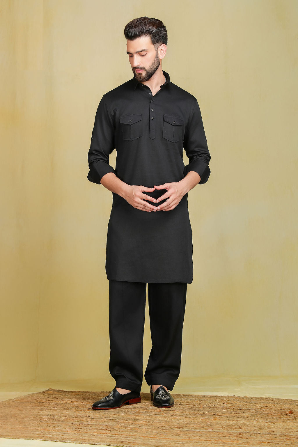 Solid Black Pathani set - The Absolute House Of Design