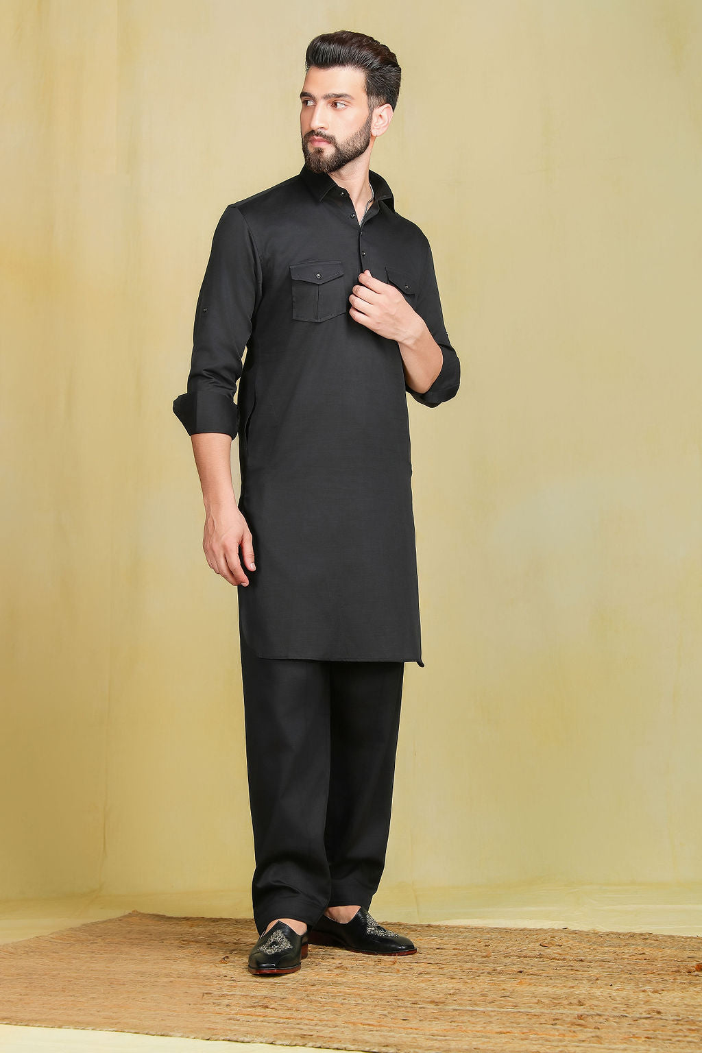 Solid Black Pathani set - The Absolute House Of Design