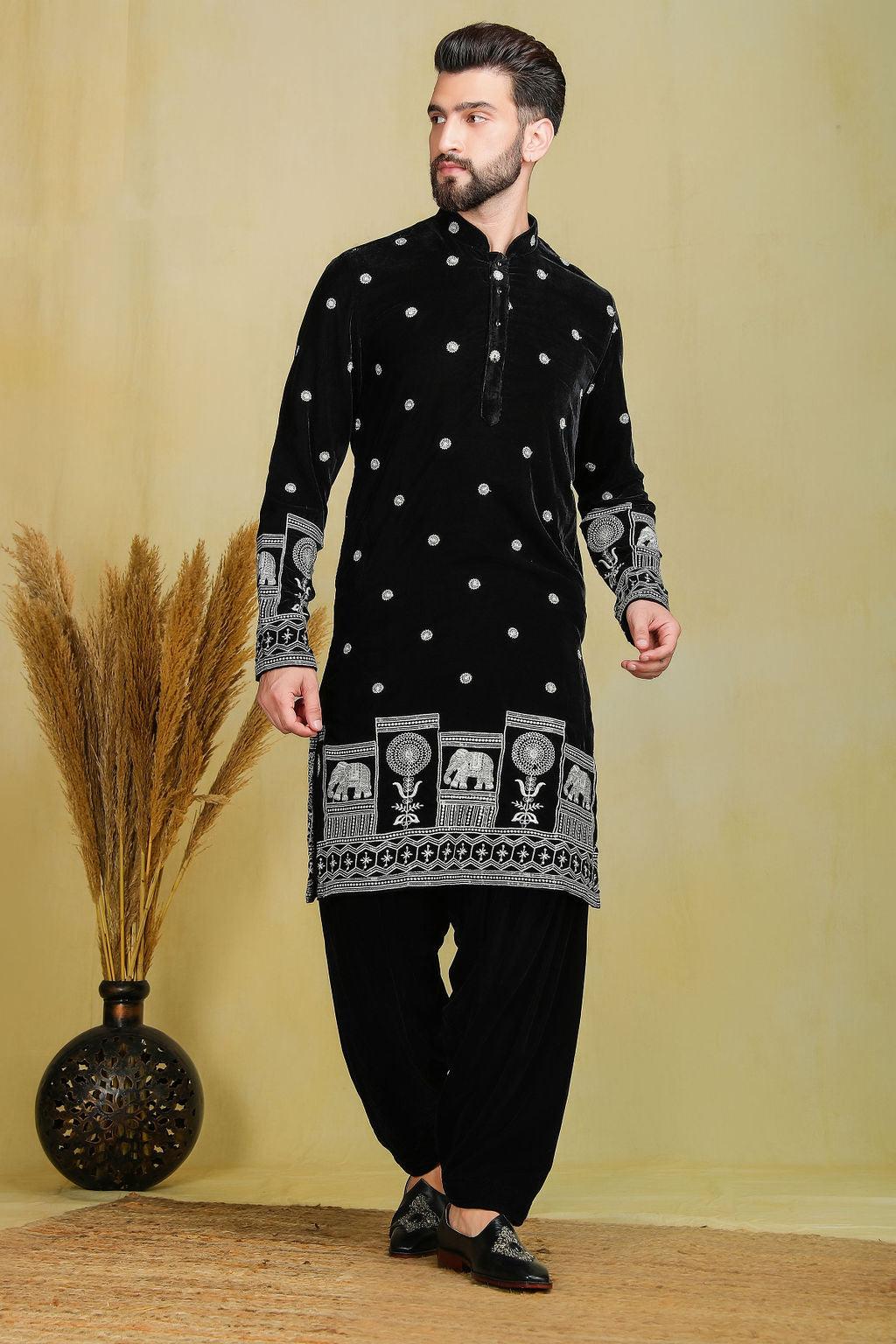 Black velvet pathani set - The Absolute House Of Design