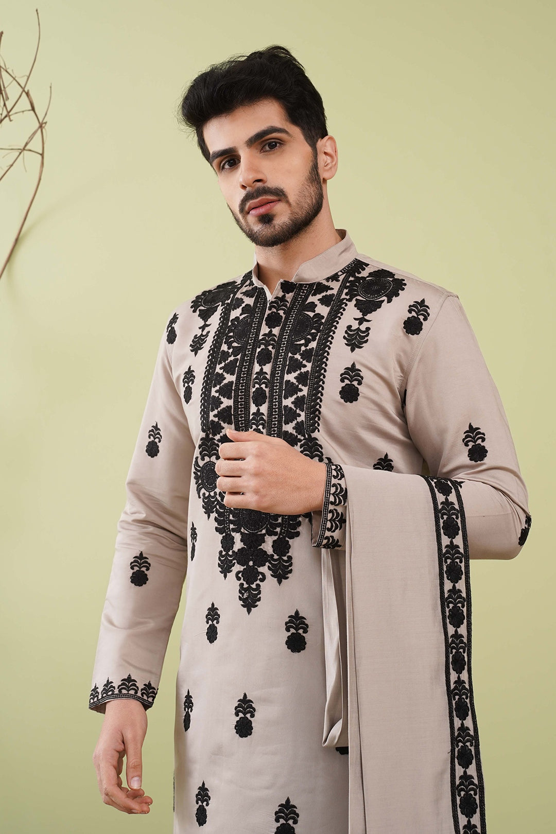 Beige & Black Neck work dupatta Kurta - The Absolute House Of Design