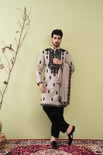 Beige & Black Neck work dupatta Kurta - The Absolute House Of Design