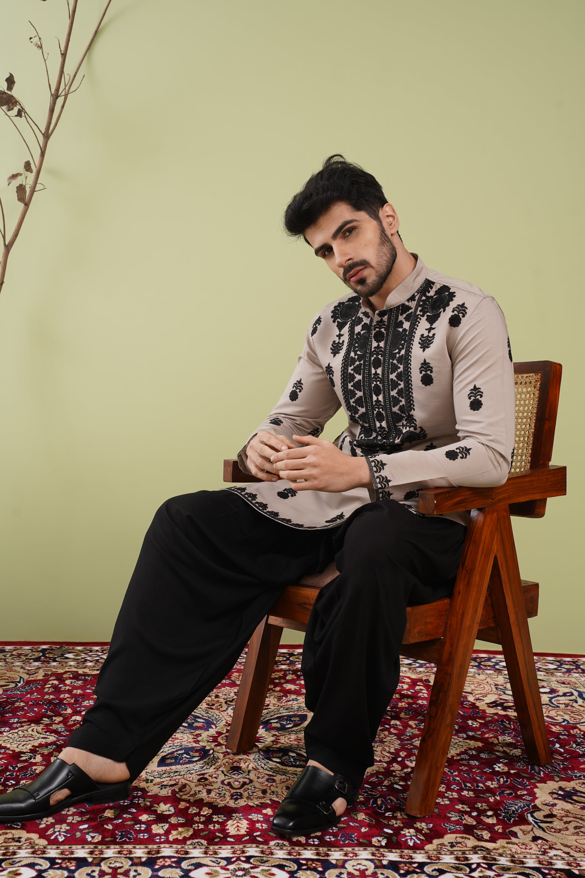 Beige & Black Neck work dupatta Kurta - The Absolute House Of Design