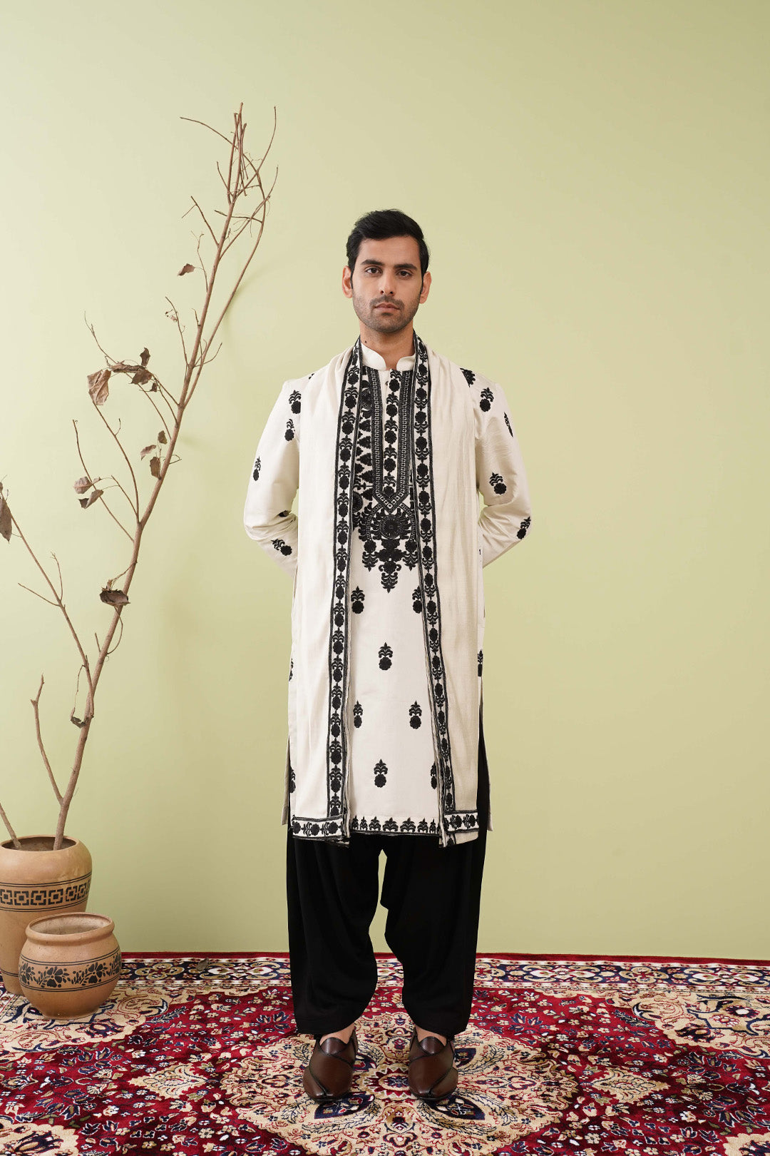 Ivory & Black Neck work Kurta with Dupatta - The Absolute House Of Design
