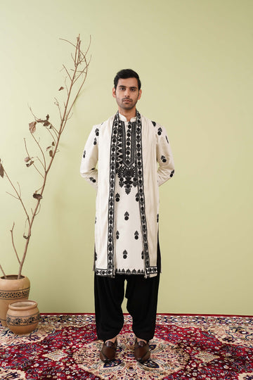 Ivory & Black Neck work Kurta with Dupatta - The Absolute House Of Design