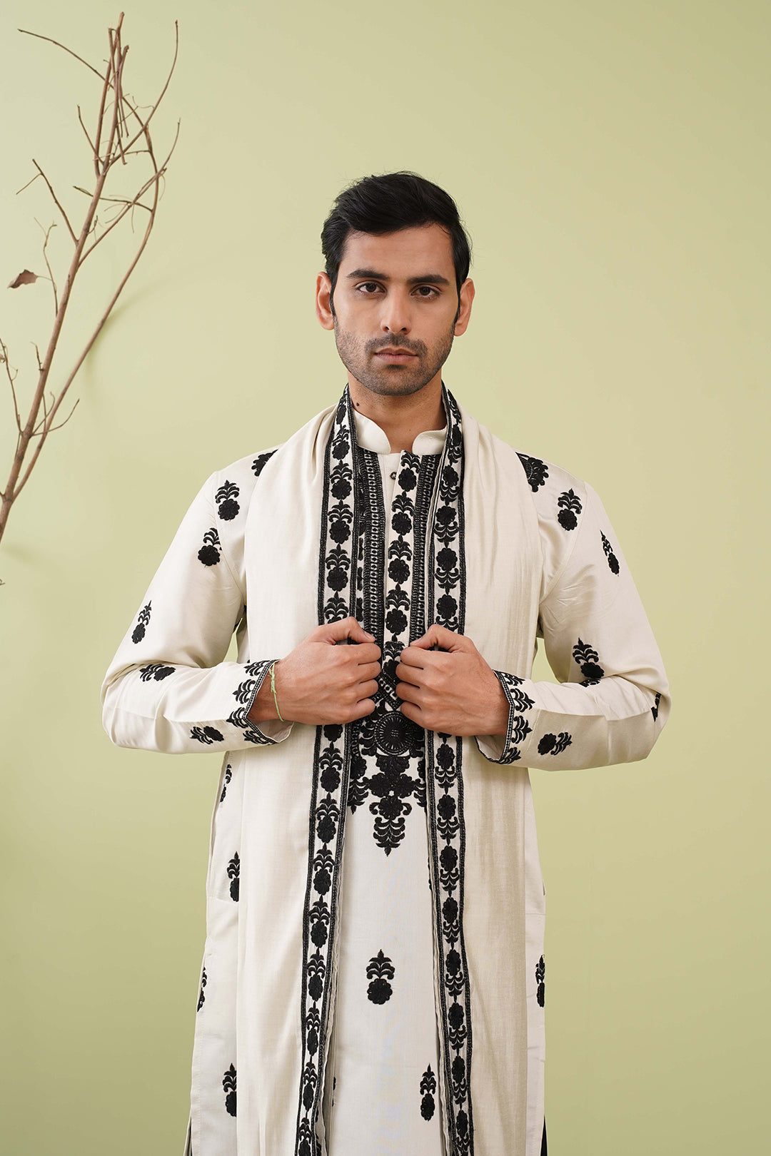 Ivory & Black Neck work Kurta with Dupatta - The Absolute House Of Design
