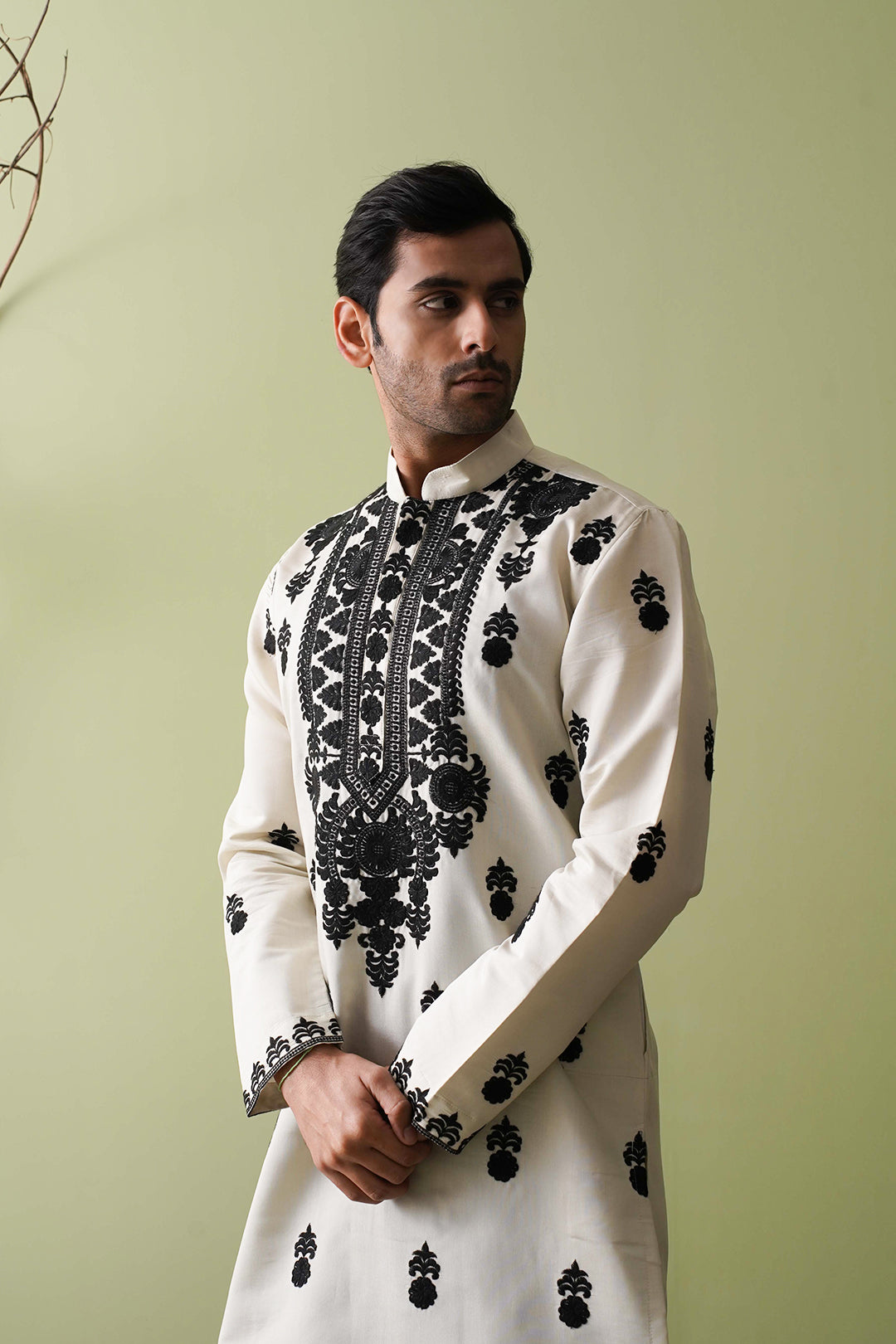 Ivory & Black Neck work Kurta with Dupatta - The Absolute House Of Design