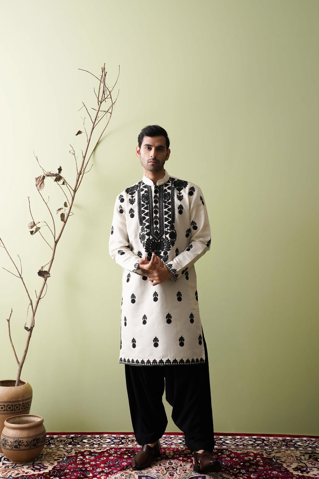 Ivory & Black Neck work Kurta with Dupatta - The Absolute House Of Design