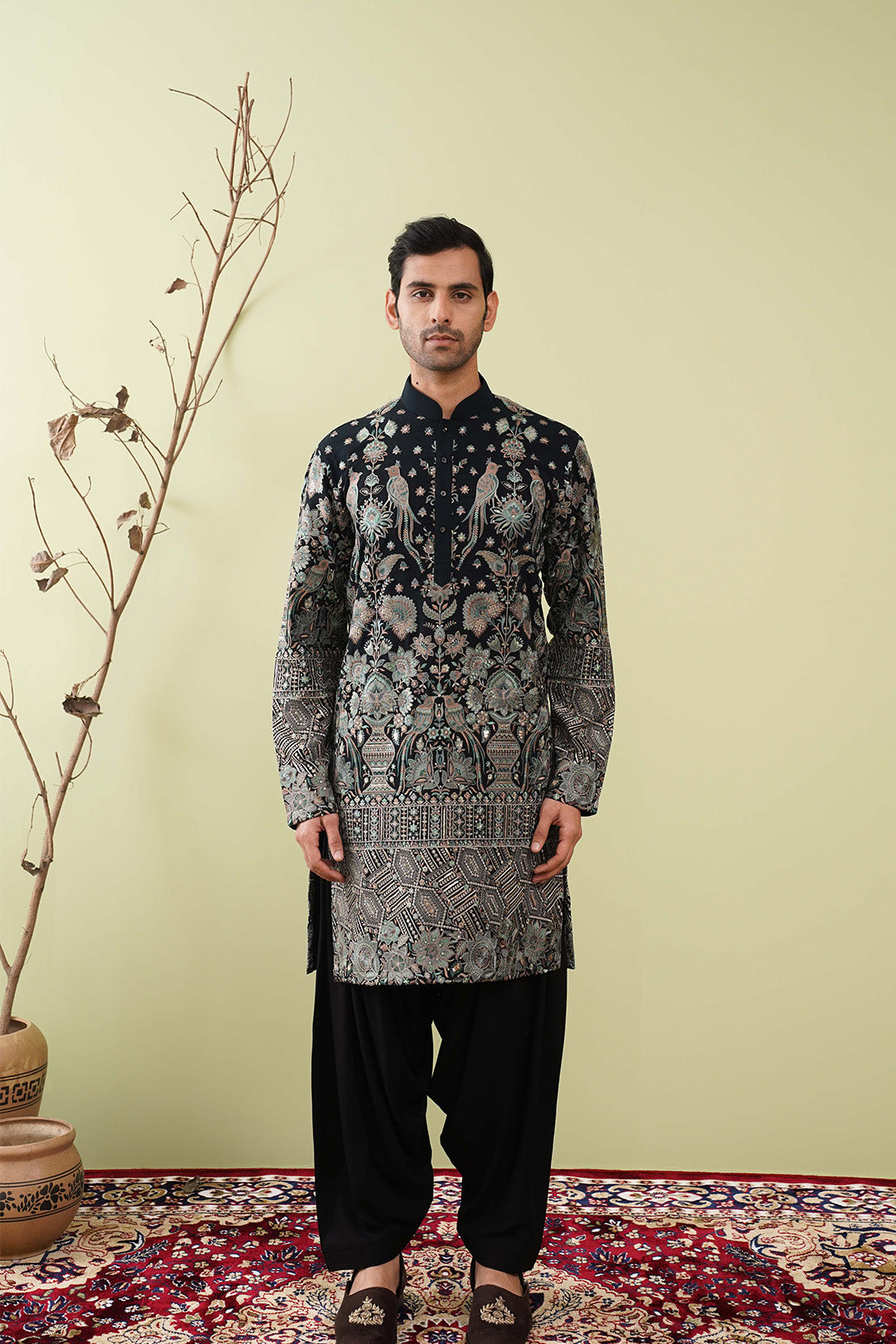 Rama Green Kurta with Heavy embroidery & Ghera - The Absolute House Of Design