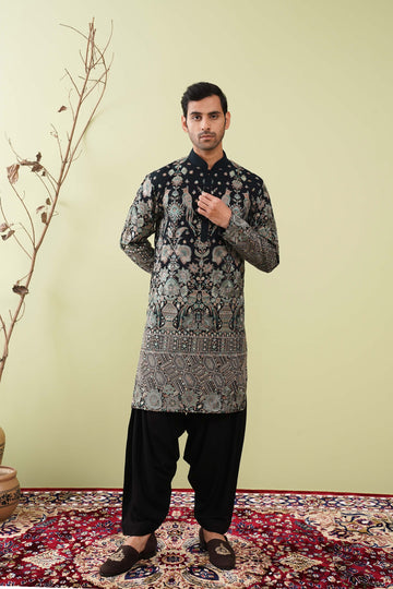 Rama Green Kurta with Heavy embroidery & Ghera - The Absolute House Of Design