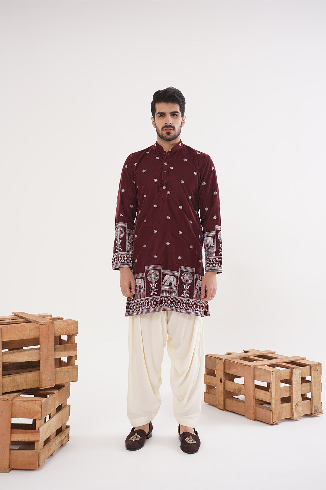 Rust Velvet Embroidery Kurta - The Absolute House Of Design