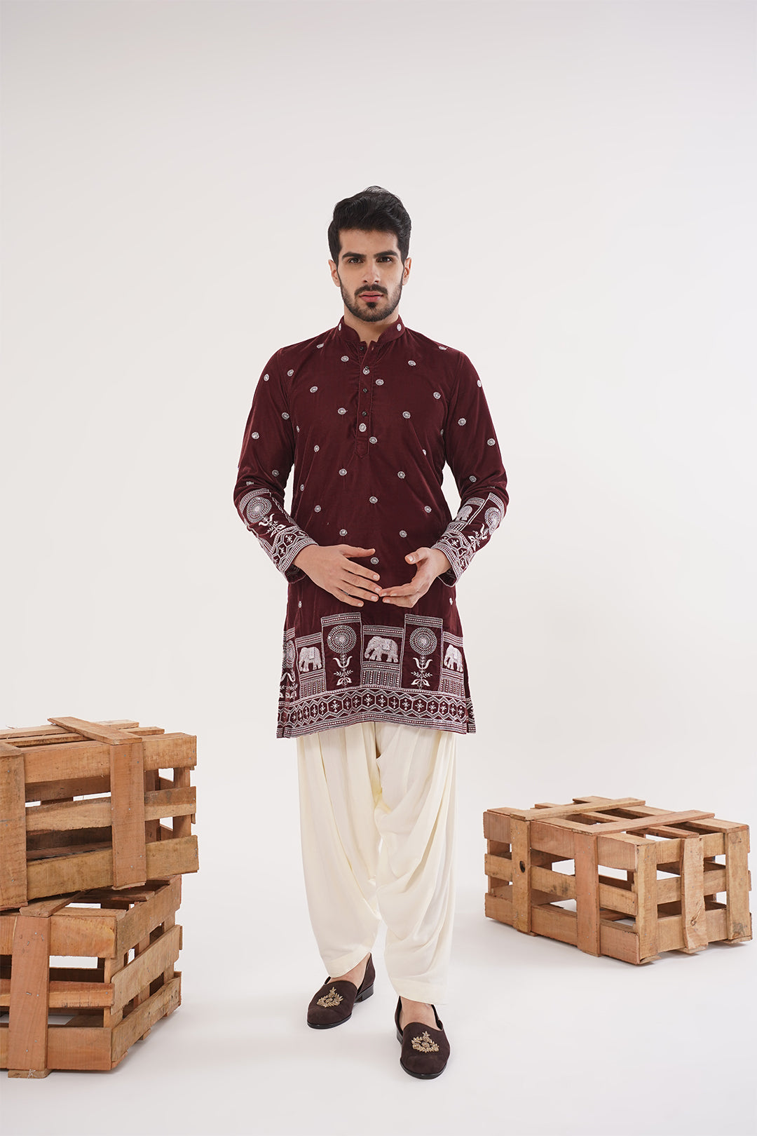 Rust Velvet Embroidery Kurta - The Absolute House Of Design