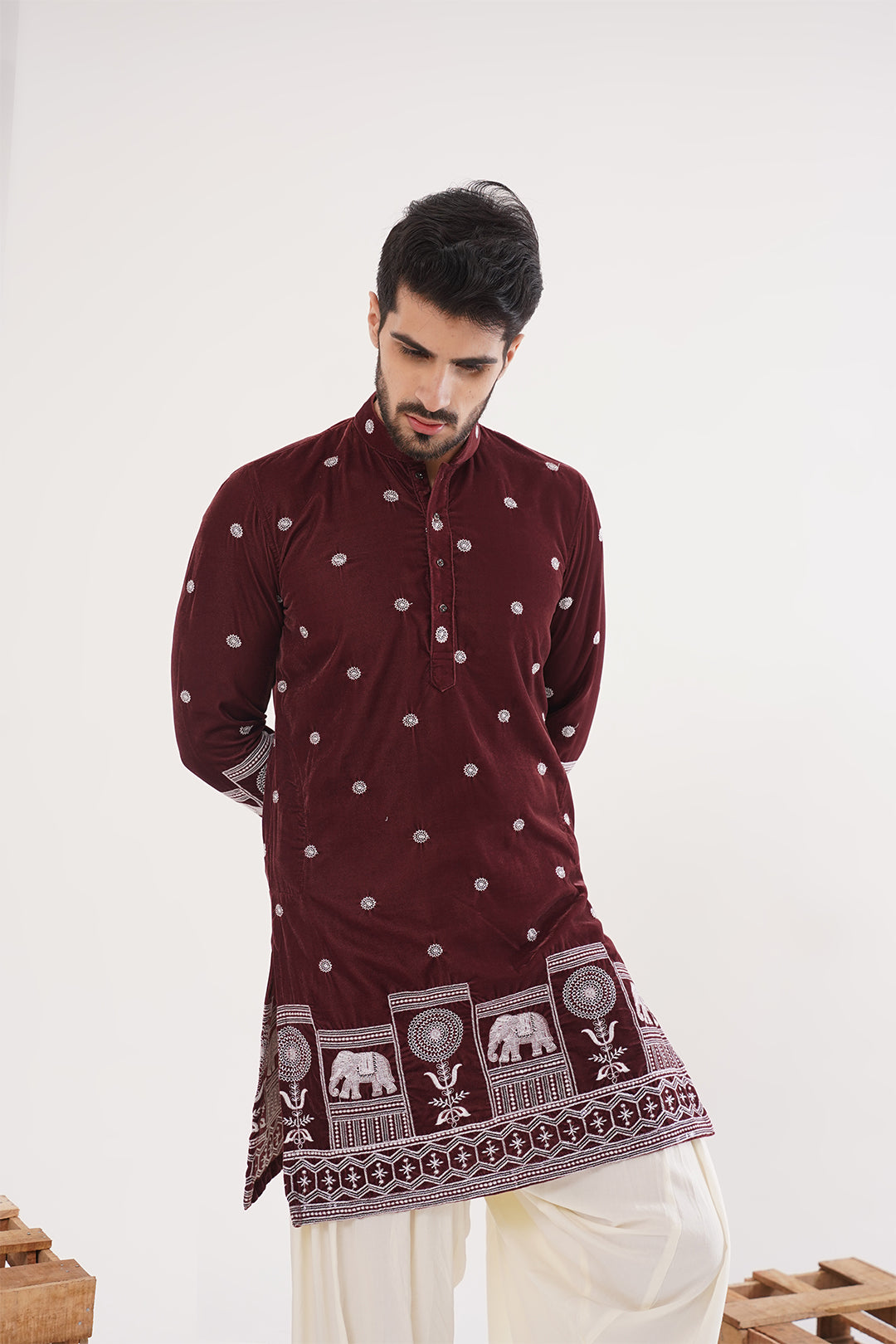 Rust Velvet Embroidery Kurta - The Absolute House Of Design
