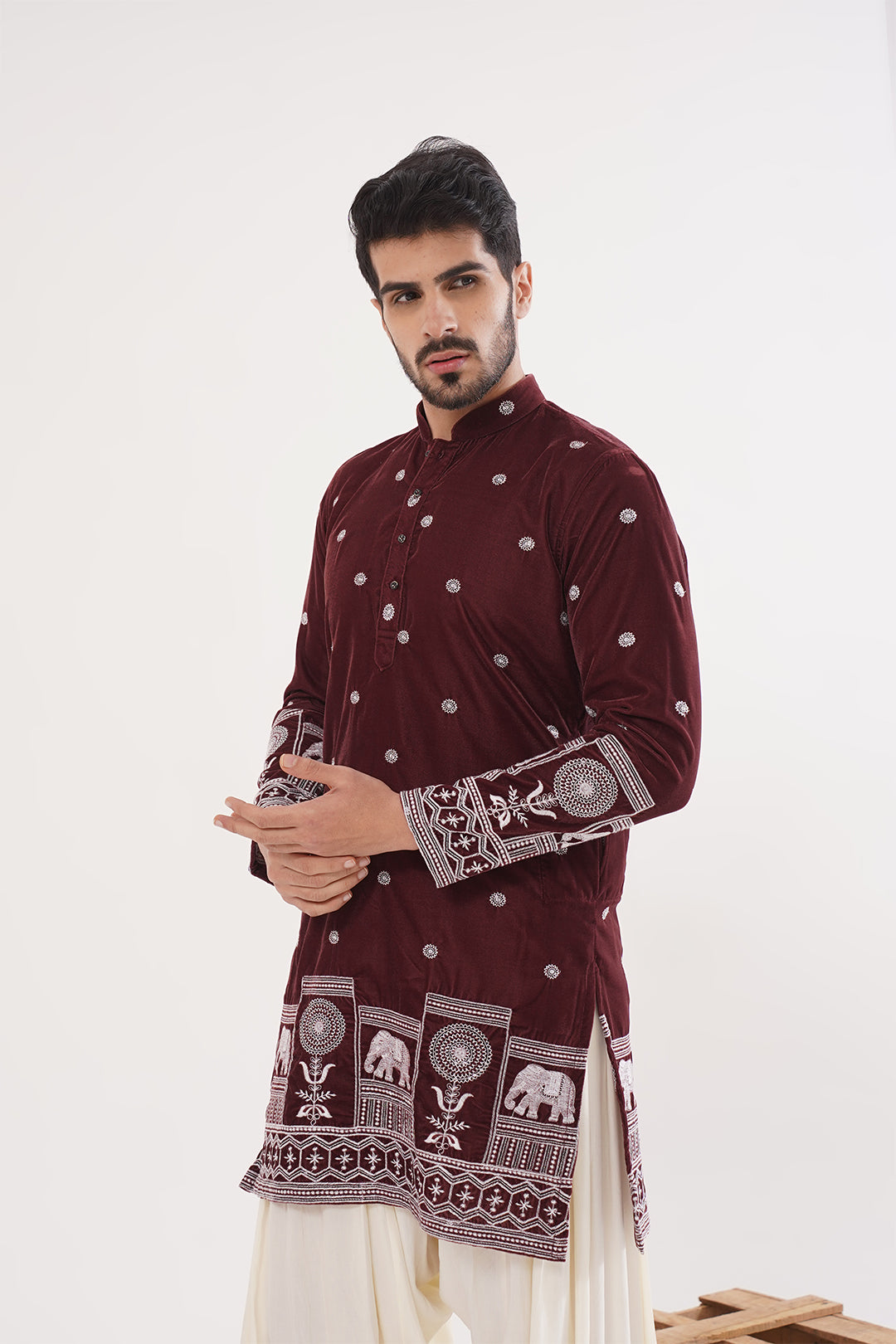 Rust Velvet Embroidery Kurta - The Absolute House Of Design