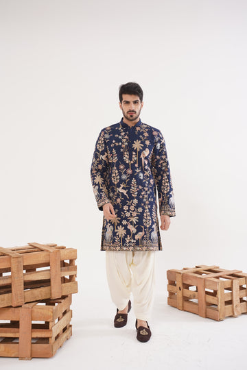 NAVY THREADWORK MOTIF KURTA SET