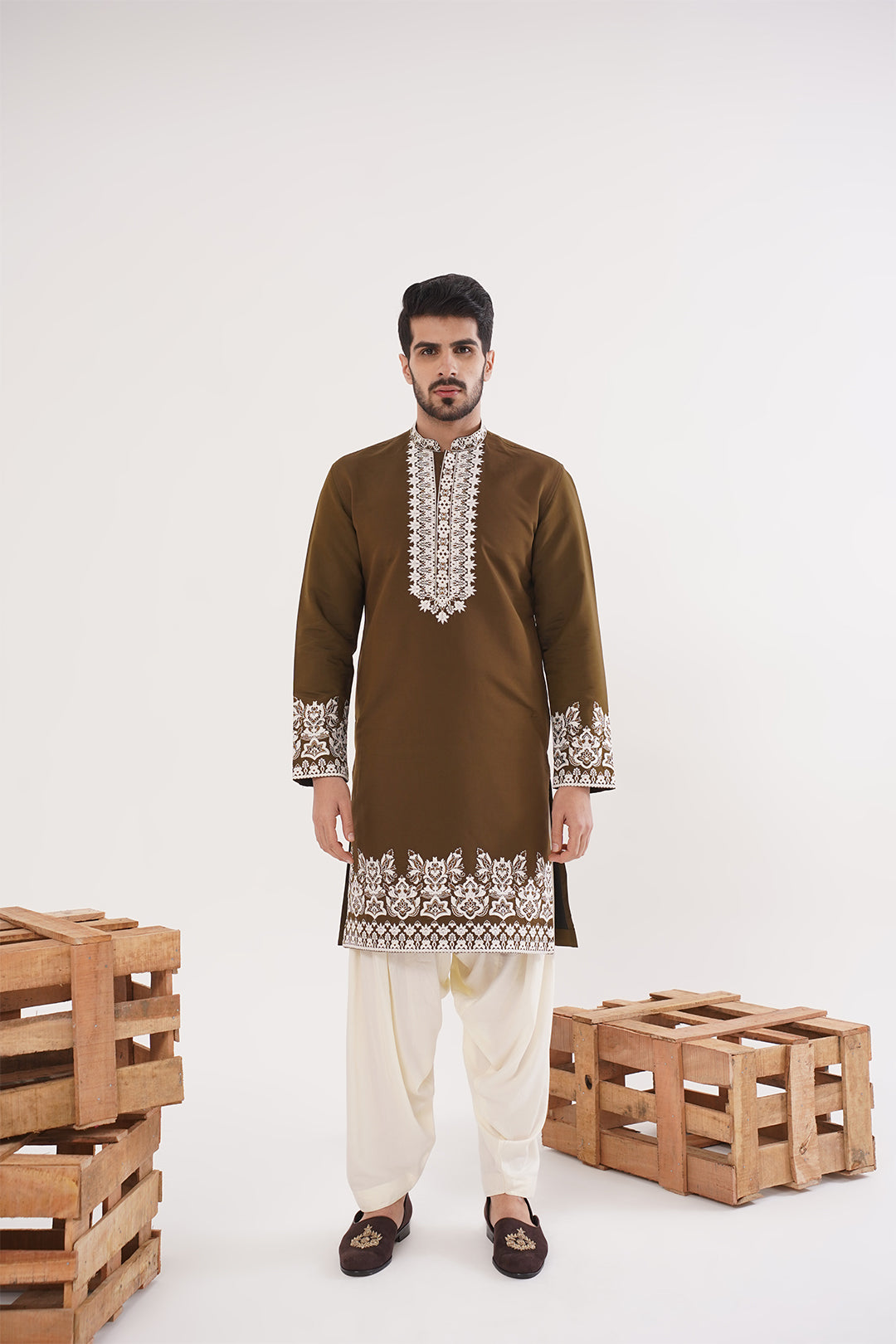 Brown Neckwork Kurta set - The Absolute House Of Design