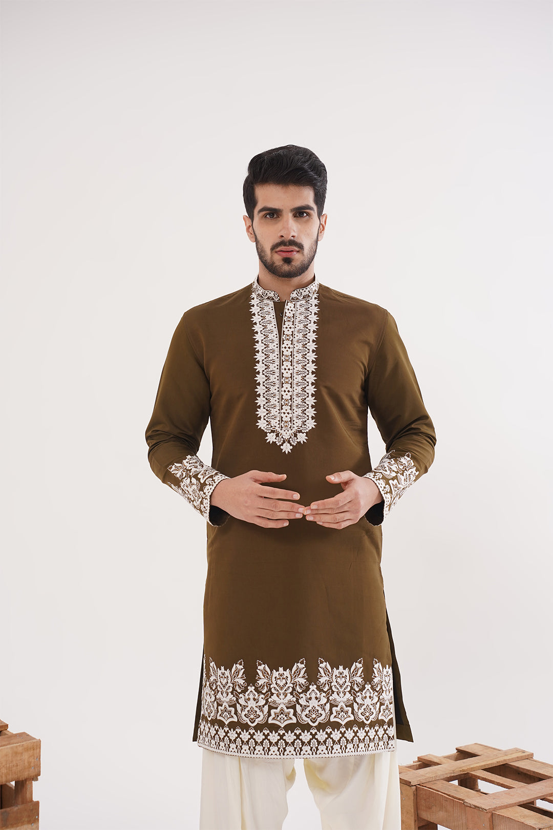 Brown Neckwork Kurta set - The Absolute House Of Design