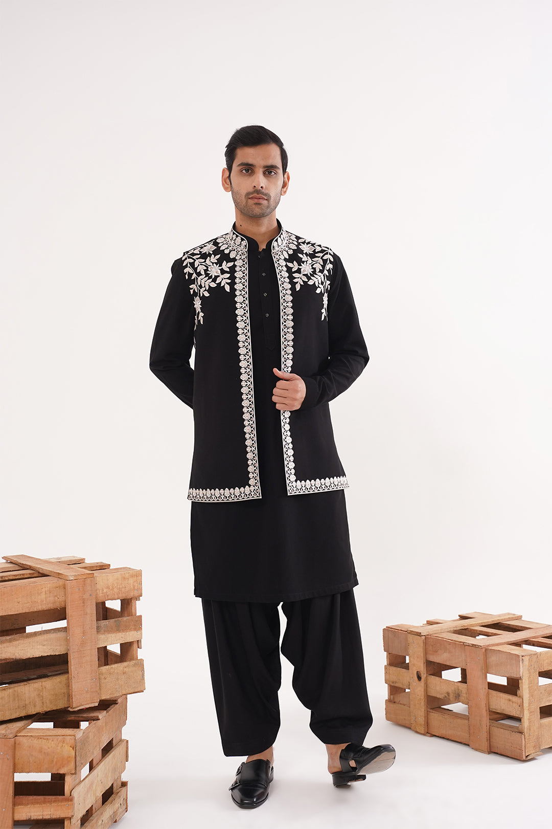 Black Threadwork Kurta Jacket Set - The Absolute House Of Design