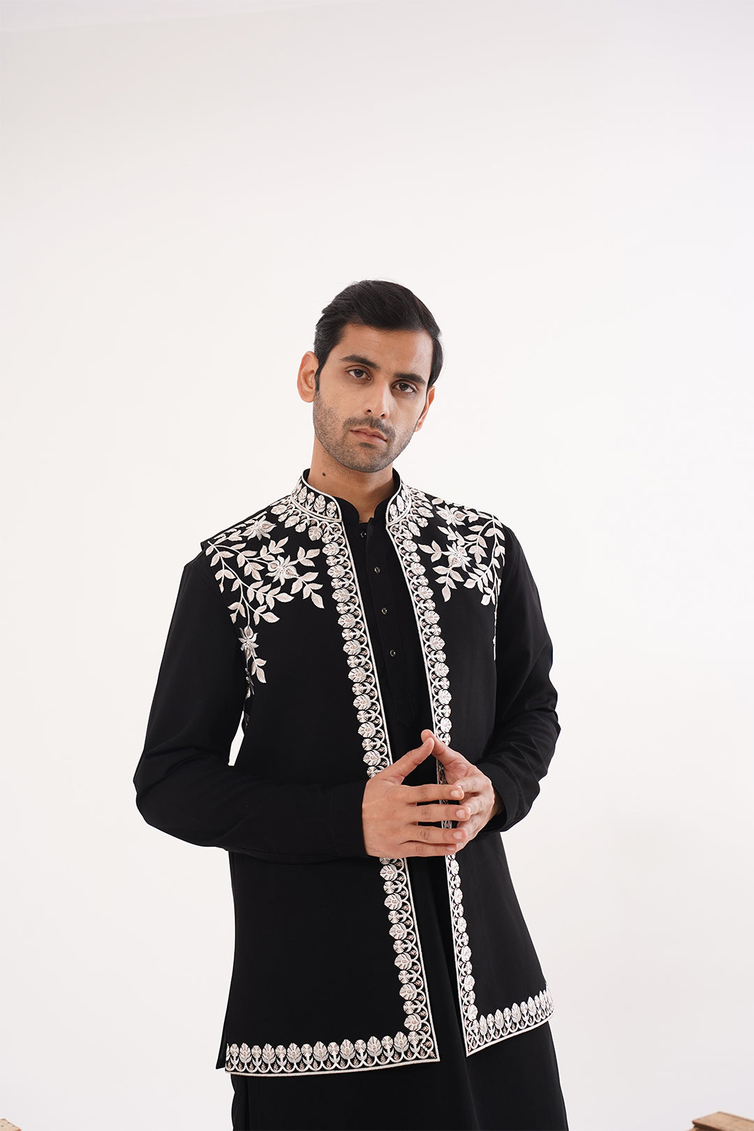 Black Threadwork Kurta Jacket Set - The Absolute House Of Design