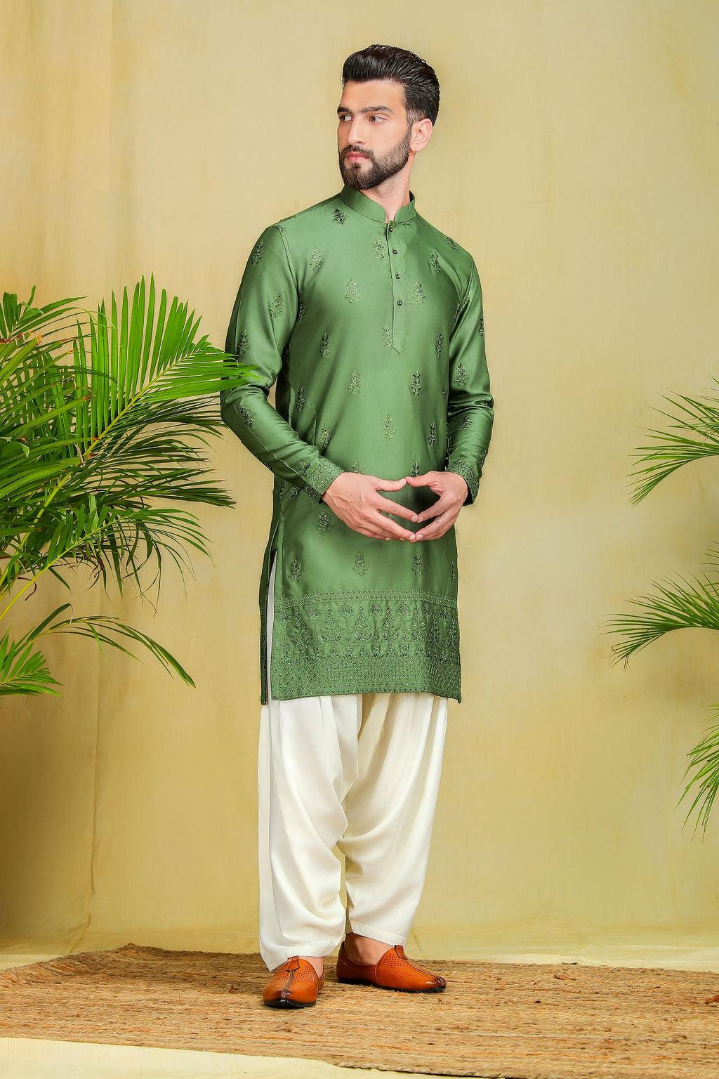 Olive green Pathani Set - The Absolute House Of Design