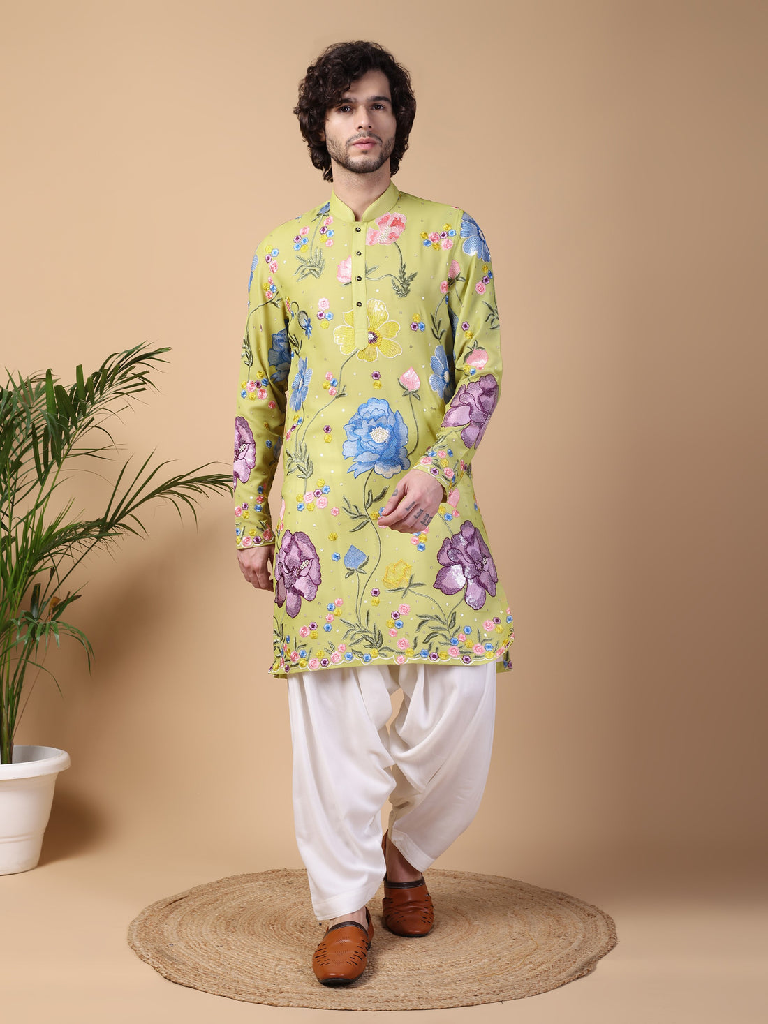 Lime Green Floral Kurta Set
