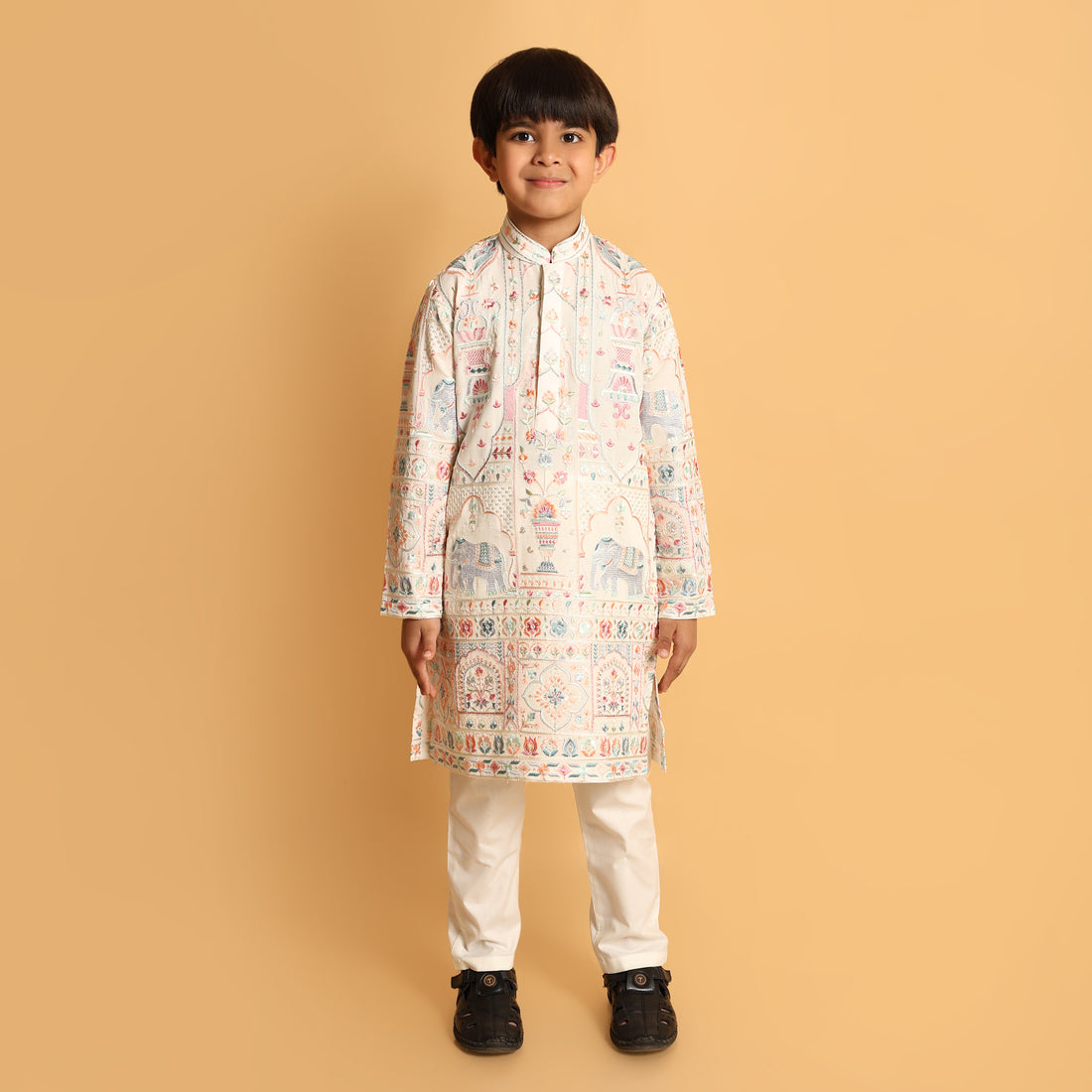 White Multi Colored Motif Kurta Set
