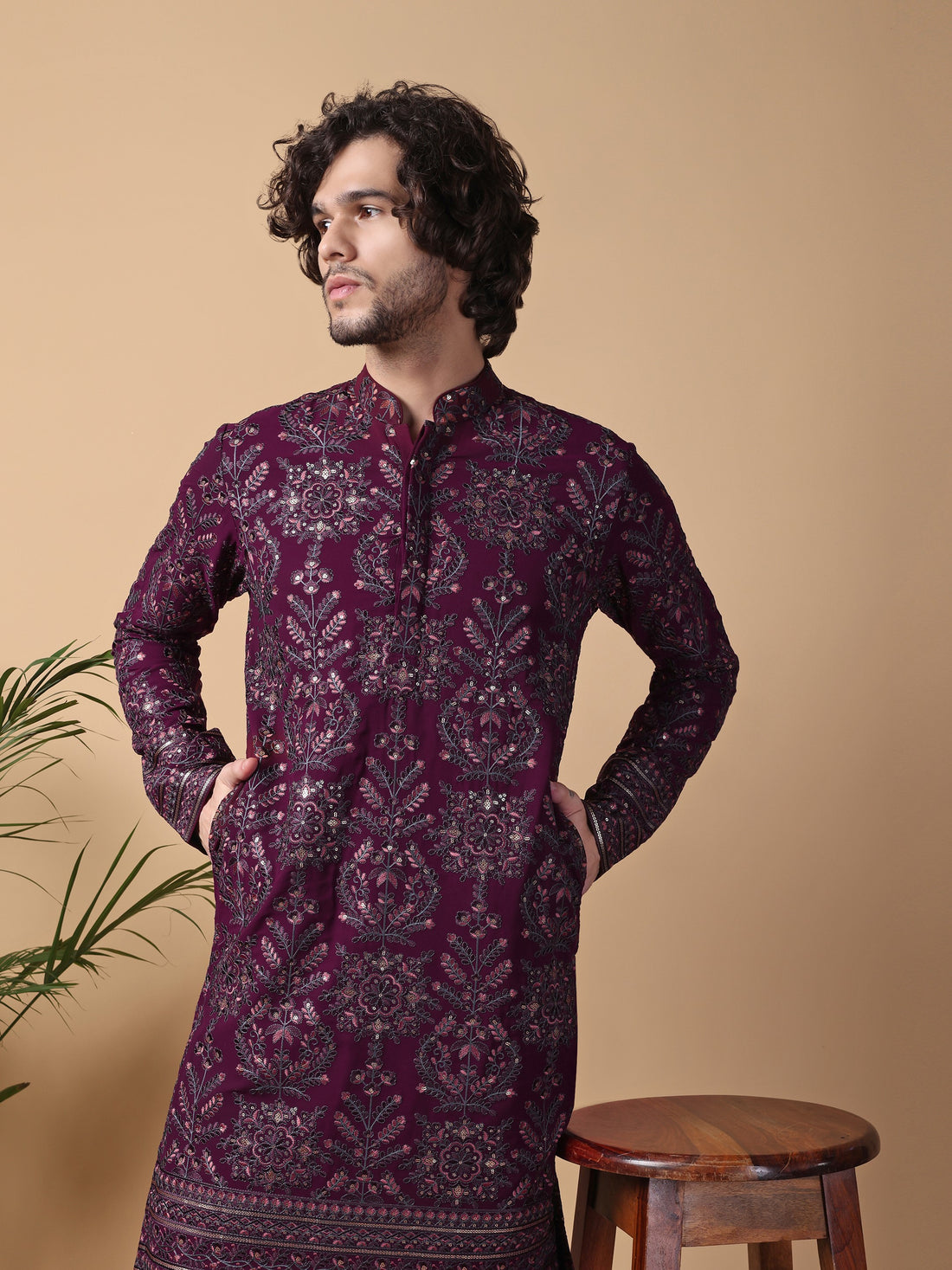 Wine Sequin Kurta Set