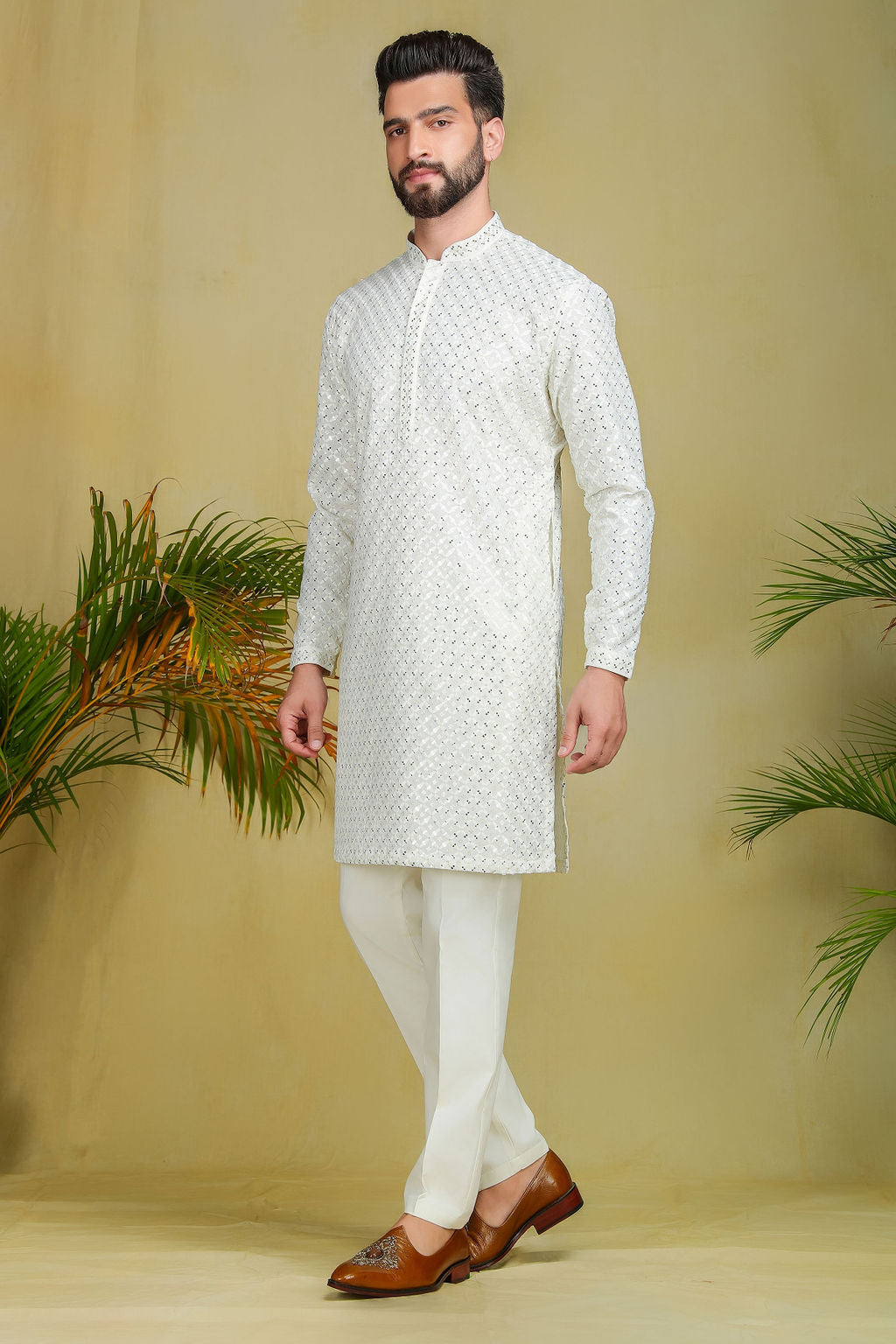 Cream Sequined Work Kurta