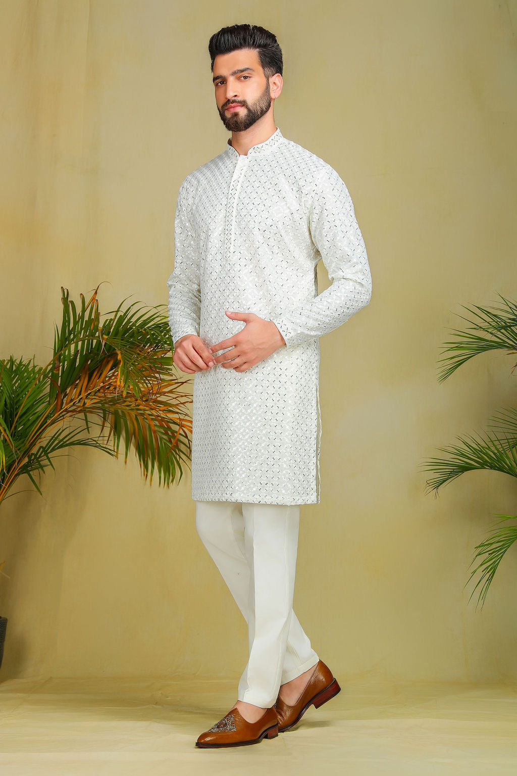 Cream Sequined Work Kurta