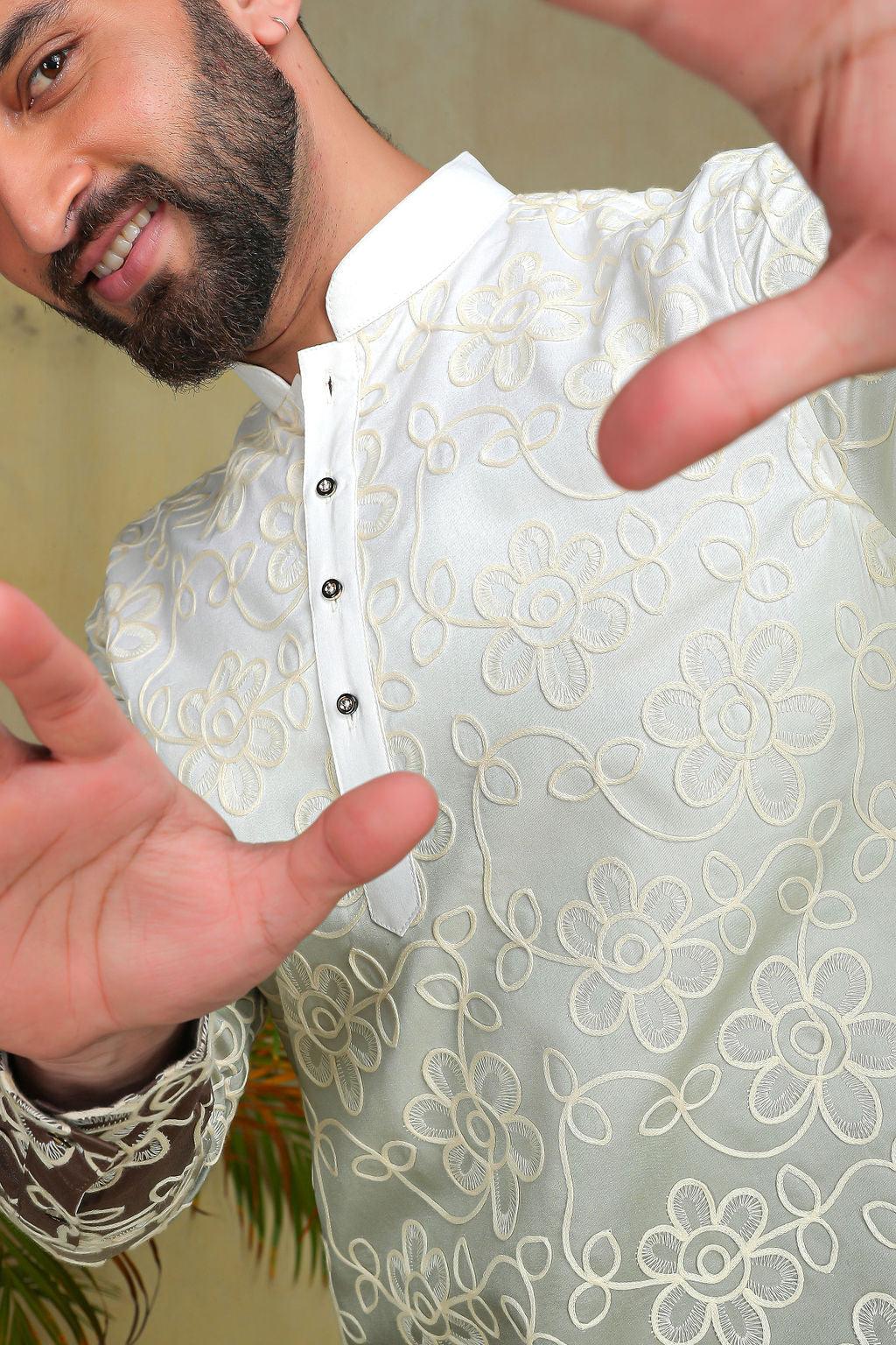 Olive Green Ombre Threadwork Kurta - The Absolute House Of Design 