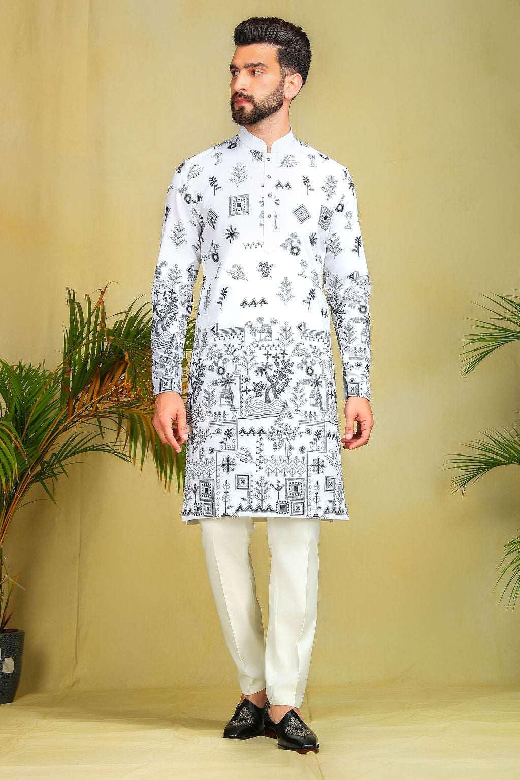 White & Black Motif Embroidery Kurta - The Absolute House Of Design 