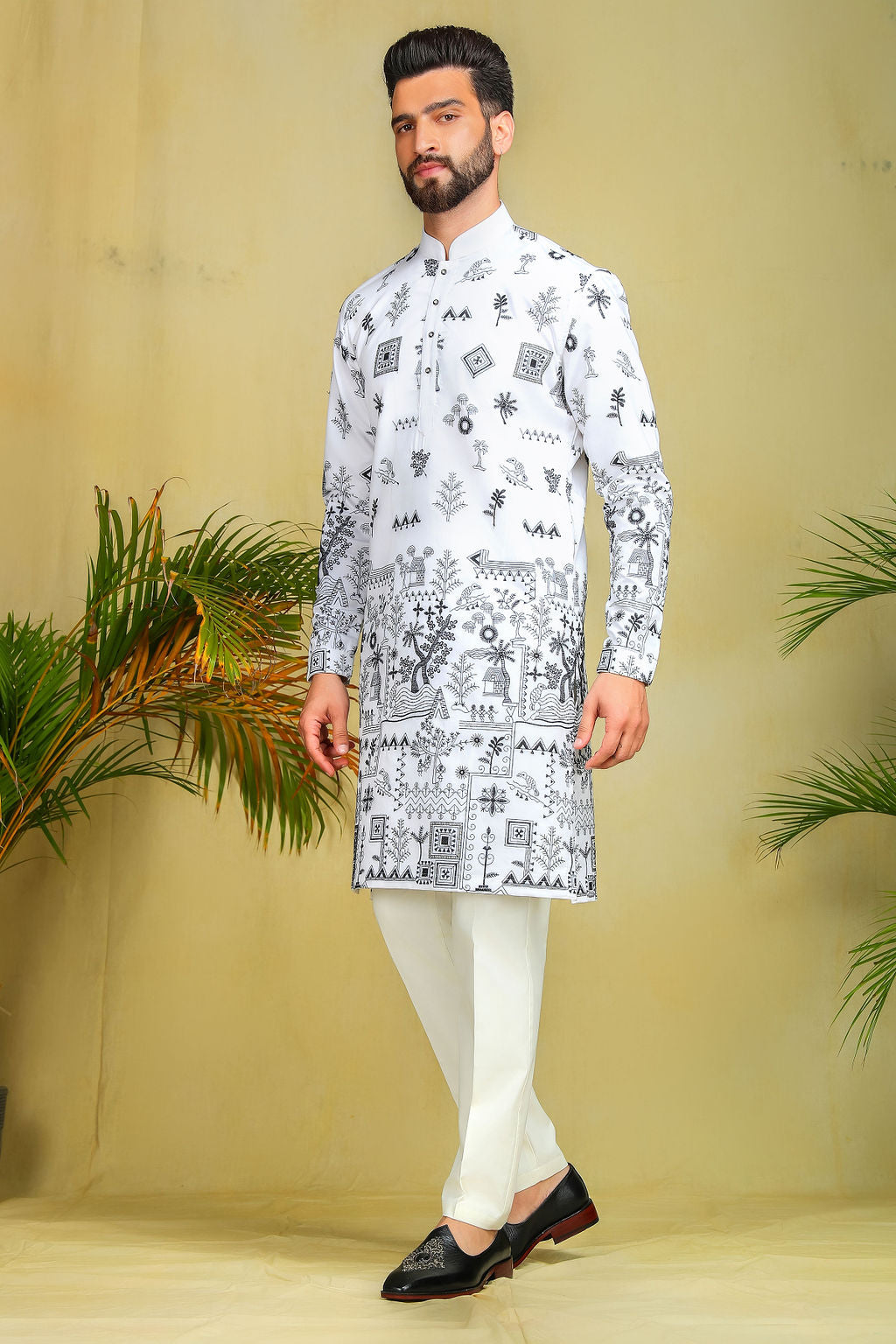 White & Black Motif Embroidery Kurta - The Absolute House Of Design 